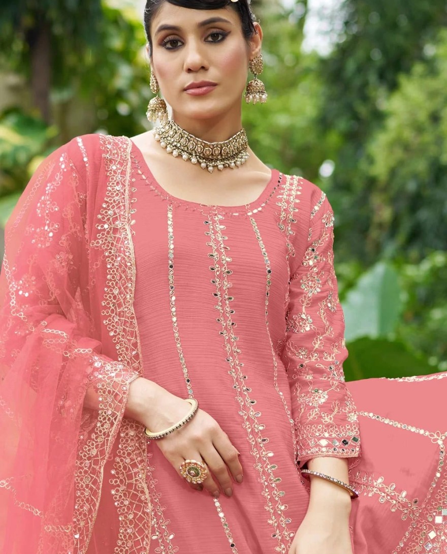 LIGHTPINK - Pink Chinon Embroidered and Mirror Work Palazzo Salwar Suit